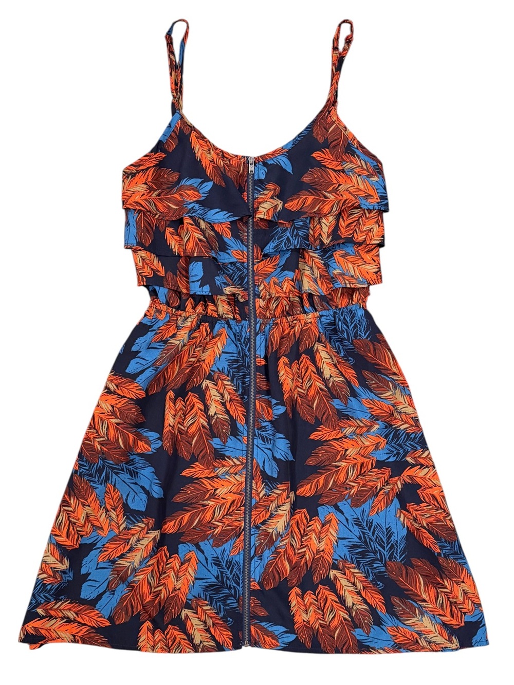 Xhilaration Tropical Floral Zip Front Ruffle Mini Dress Blue Orange Size Small